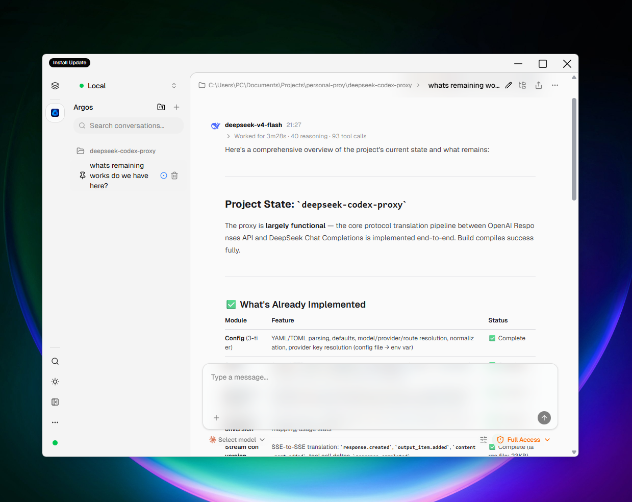 Argos chat workspace in light mode showing rendered markdown, code, and a diagram
